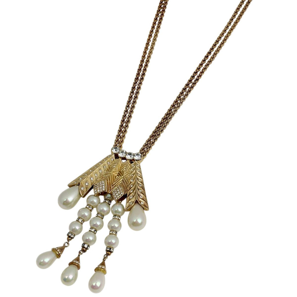 Dior Faux Pearl Necklace Rhinestone Gold