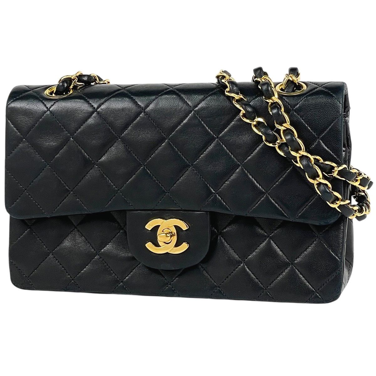 Chanel Quilted Double Flap Chain Shoulder Bag CC Logo Leather Black