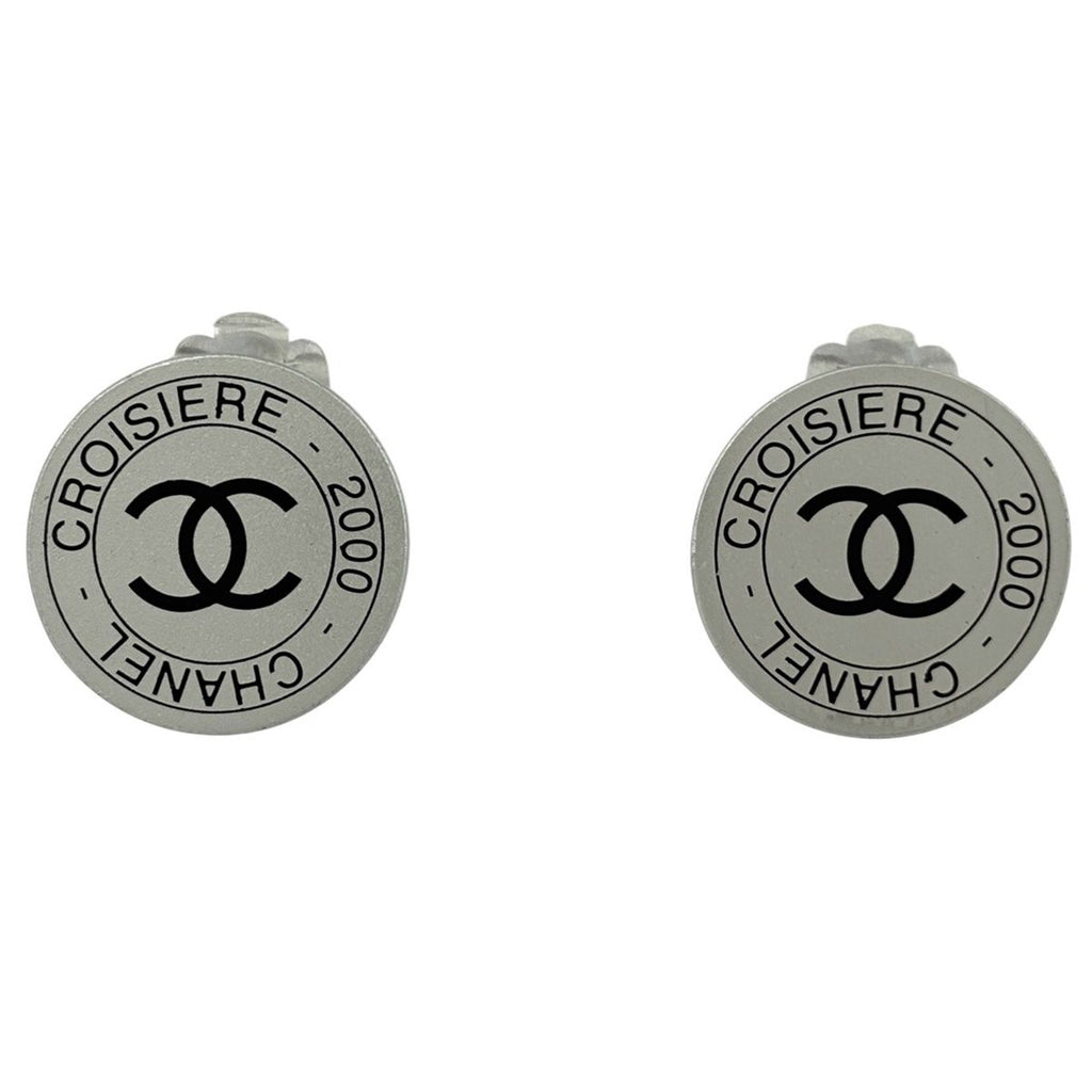 Chanel CC Logo Round Earrings Silver Plated