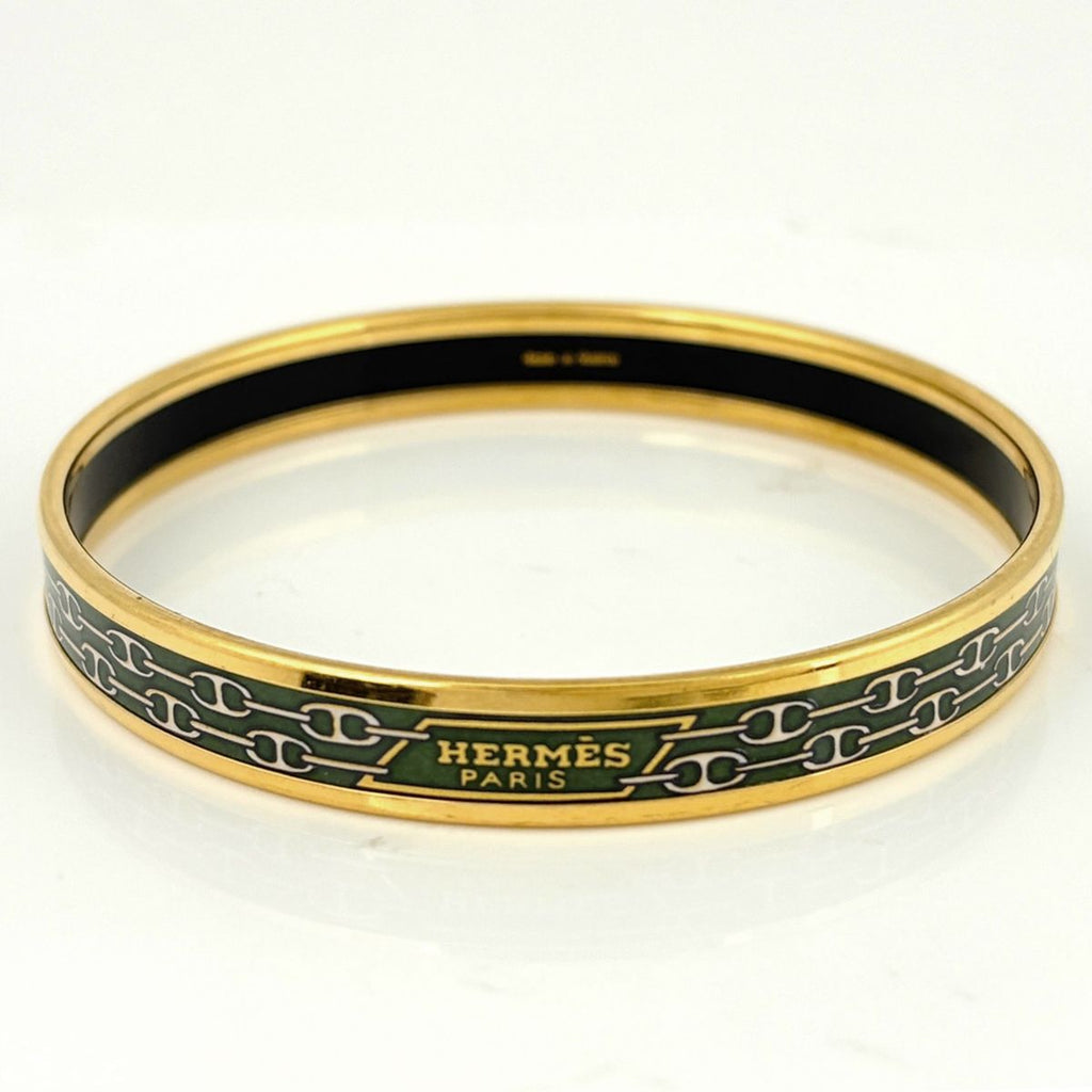 Hermes Enamel PM Bracelet Cloisonne Bangle Gold Plated Green — view 3