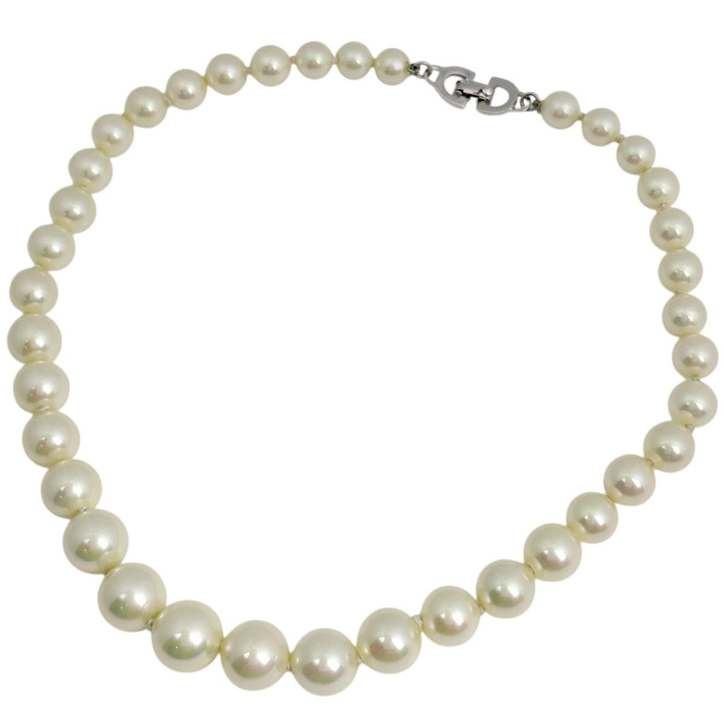 Dior Faux Pearl Necklace Silver Plated White