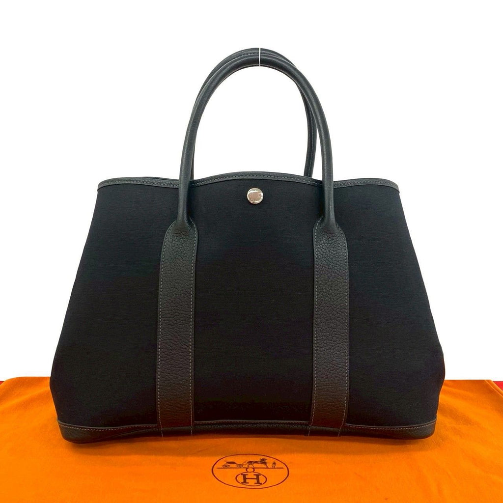 Hermes Garden Party PM Toile Officier Buffalo Leather Tote Black