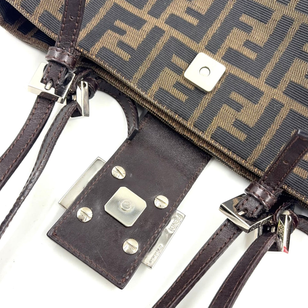 Fendi Zucca Pattern Logo Buckle Leather Canvas Dark Brown Handbag Silver — view 7