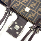Fendi Zucca Pattern Logo Buckle Leather Canvas Dark Brown Handbag Silver — view 7
