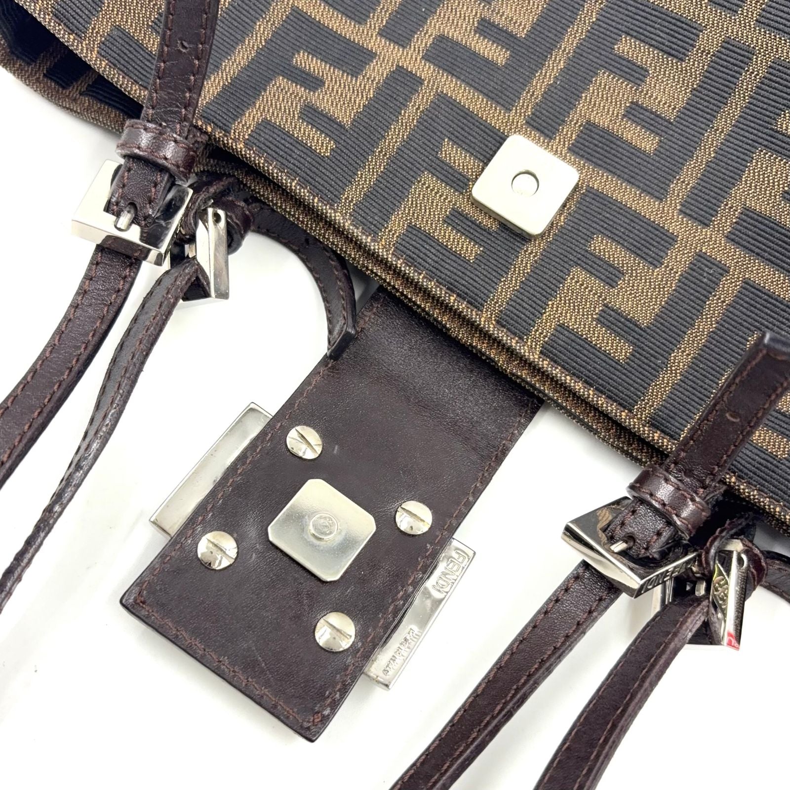 Fendi Zucca Pattern Logo Buckle Leather Canvas Dark Brown Handbag Silver — view 7
