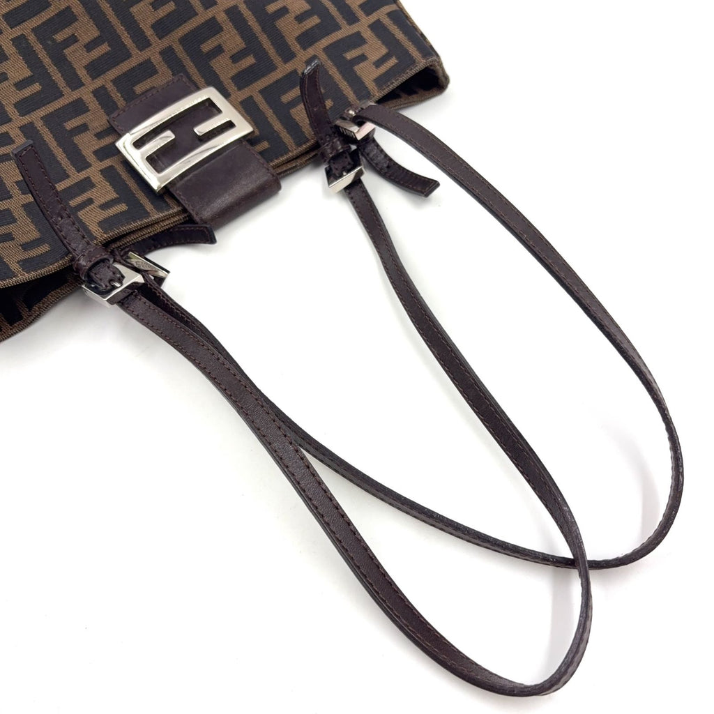 Fendi Zucca Pattern Logo Buckle Leather Canvas Dark Brown Handbag Silver — view 9