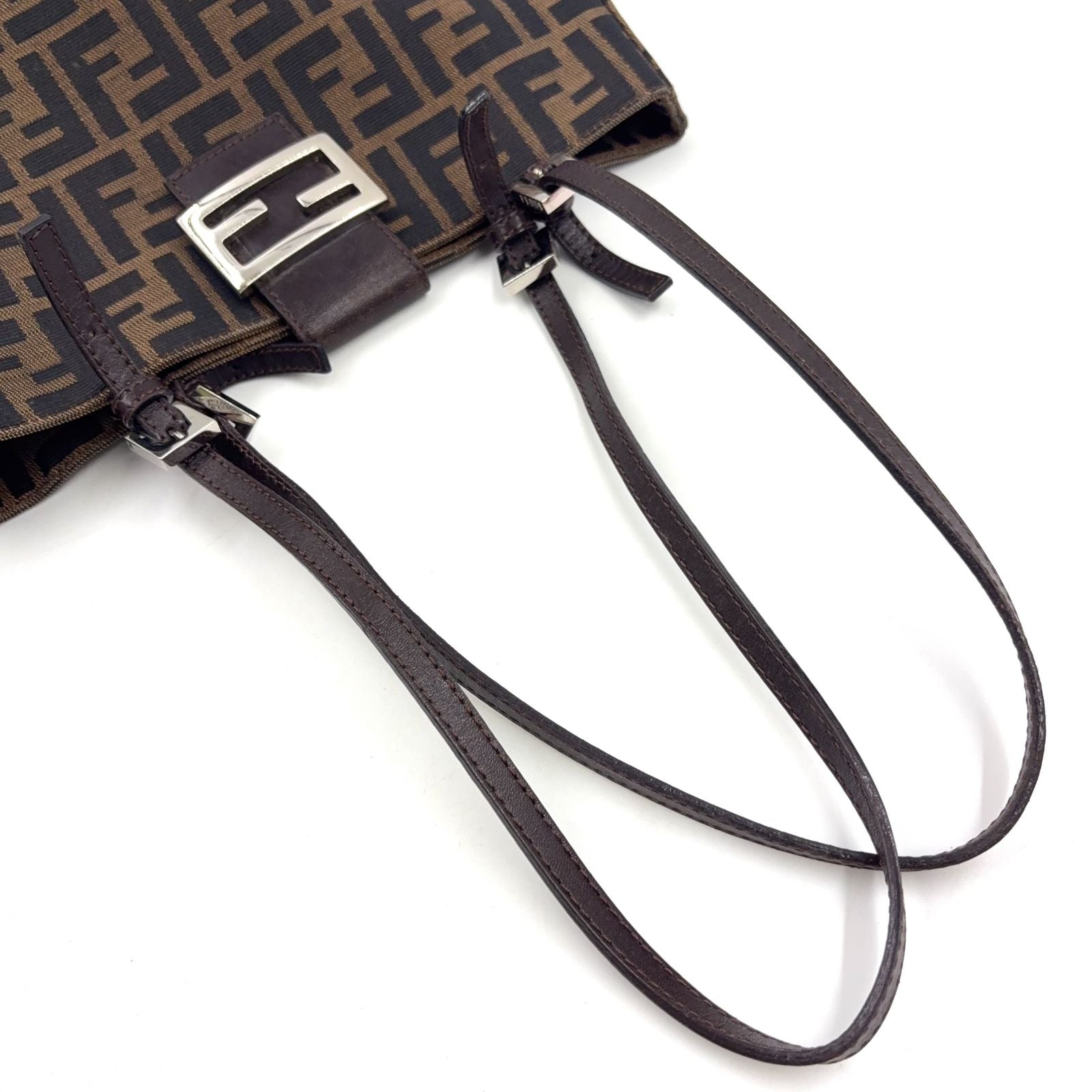 Fendi Zucca Pattern Logo Buckle Leather Canvas Dark Brown Handbag Silver — view 9