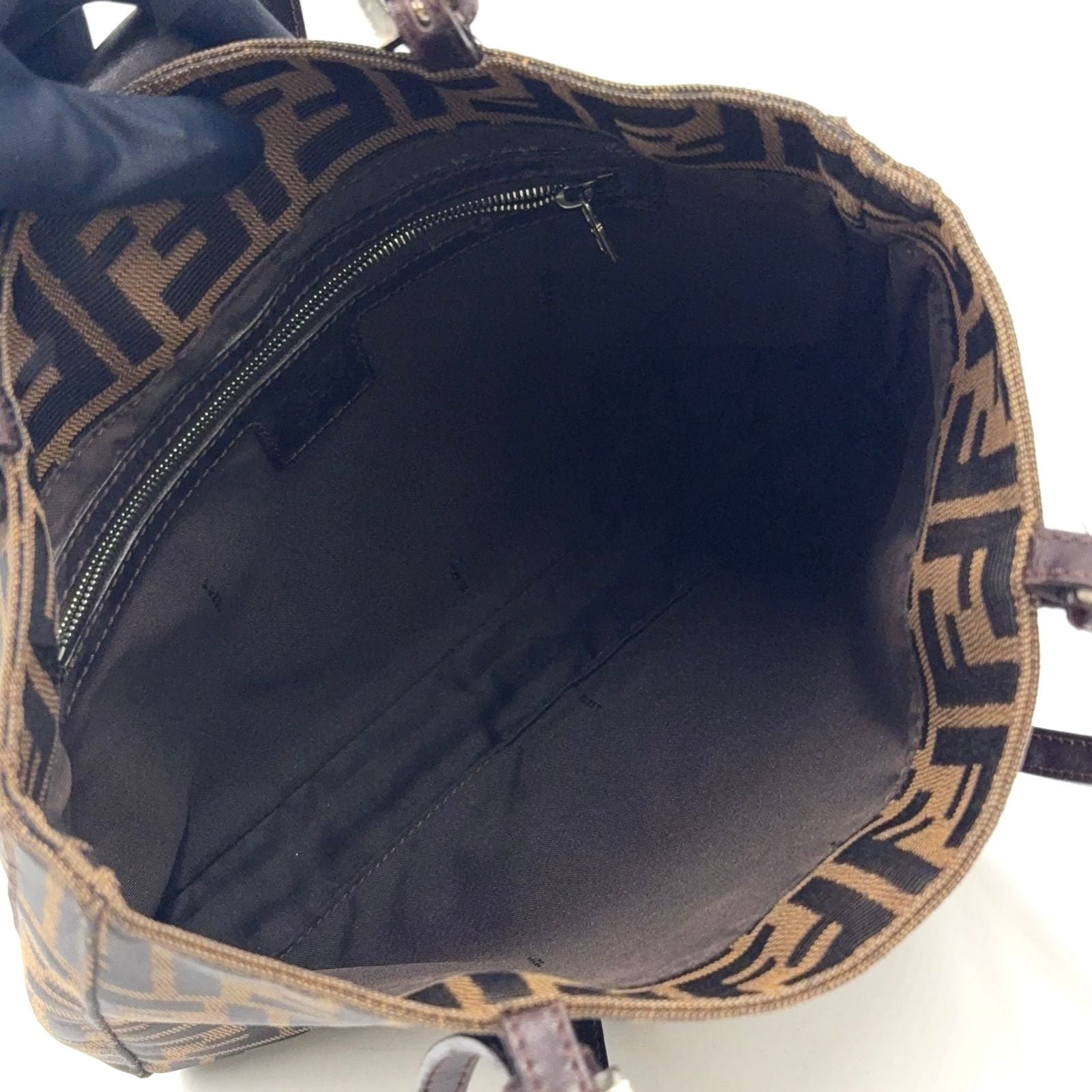 Fendi Zucca Pattern Logo Buckle Leather Canvas Dark Brown Handbag Silver — view 3