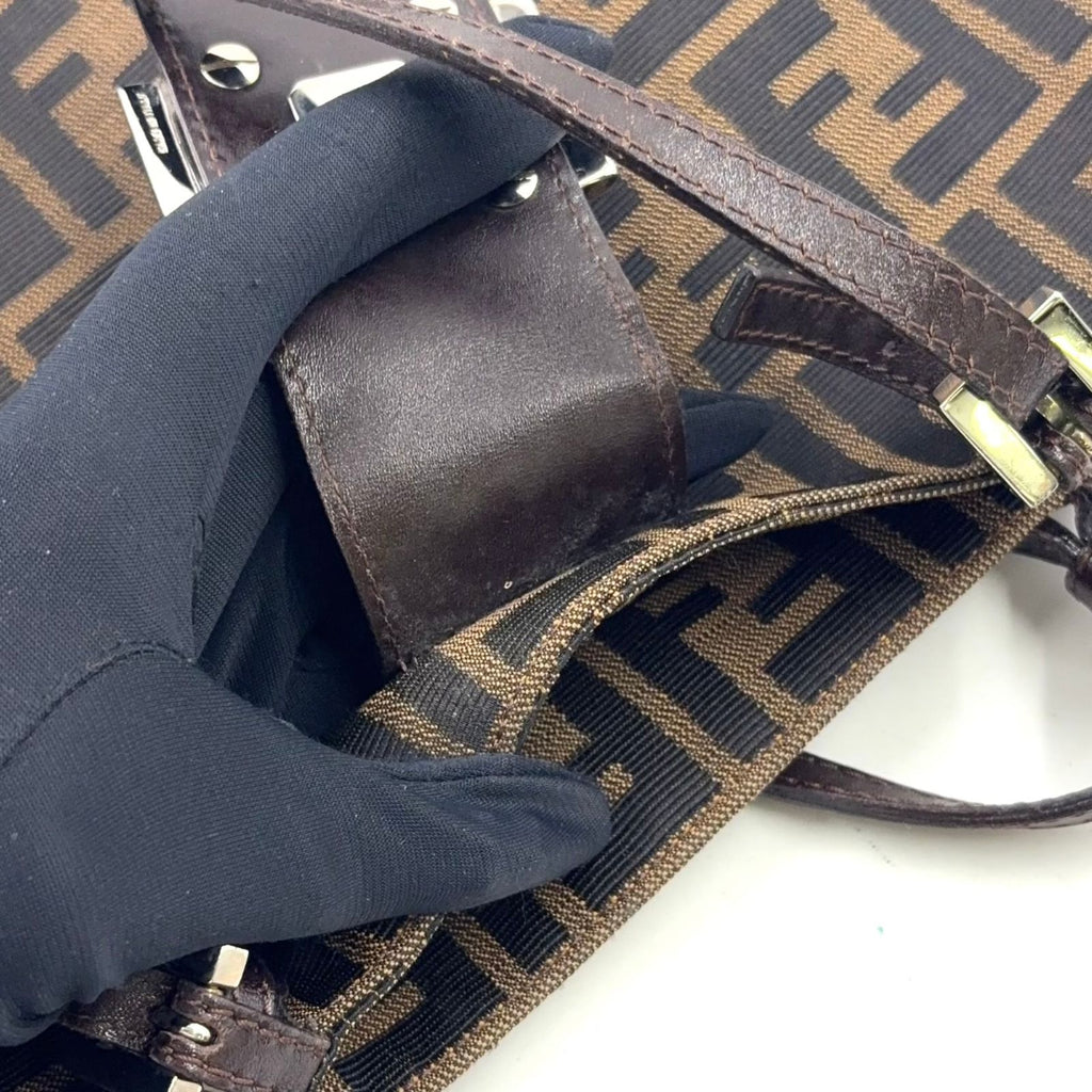 Fendi Zucca Pattern Logo Buckle Leather Canvas Dark Brown Handbag Silver — view 8