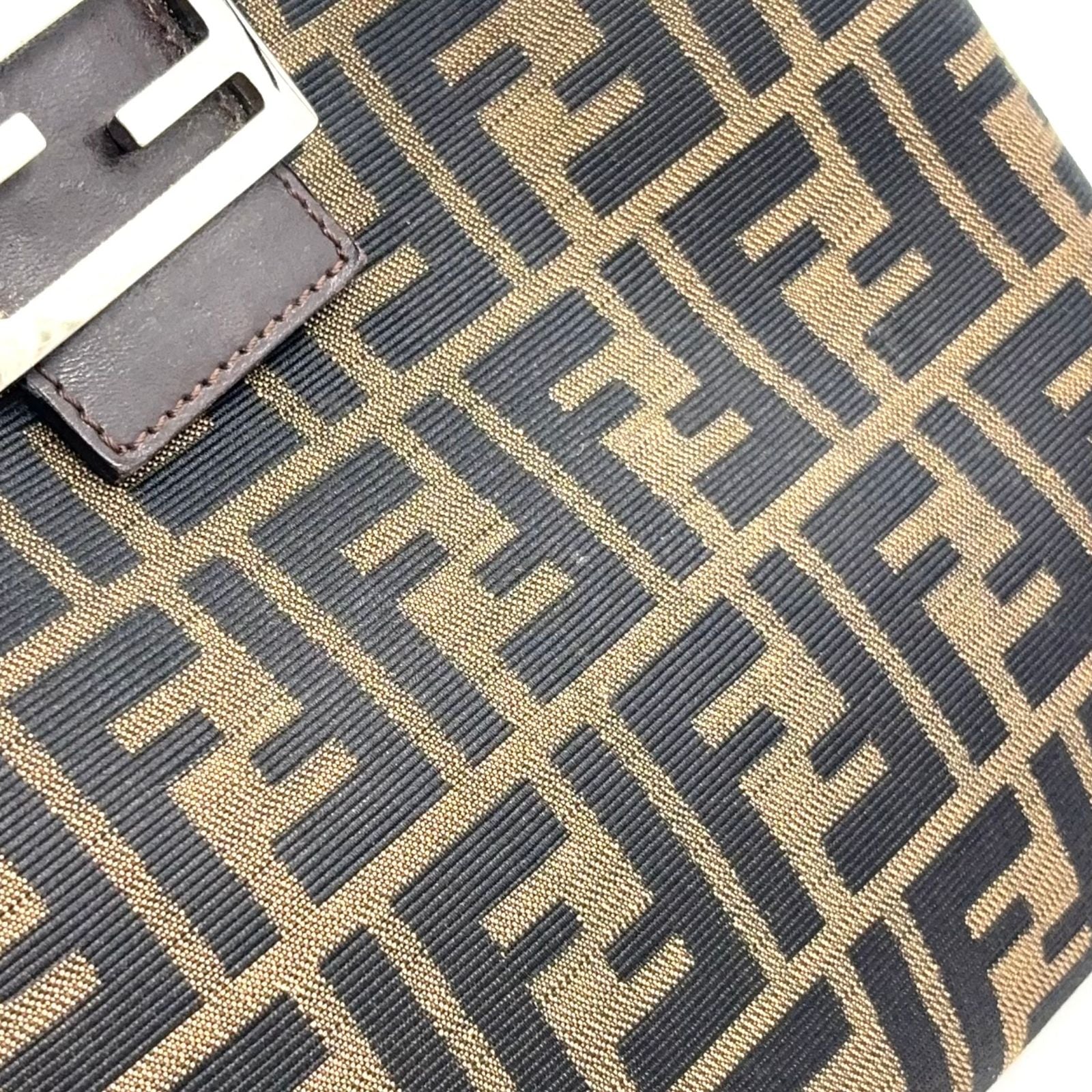 Fendi Zucca Pattern Logo Buckle Leather Canvas Dark Brown Handbag Silver — view 5