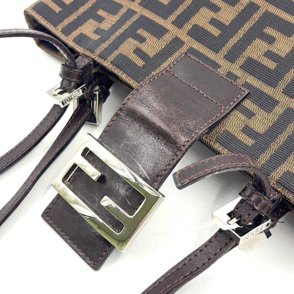 Fendi Zucca Pattern Logo Buckle Leather Canvas Dark Brown Handbag Silver — view 6