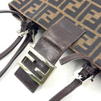 Fendi Zucca Pattern Logo Buckle Leather Canvas Dark Brown Handbag Silver — view 6