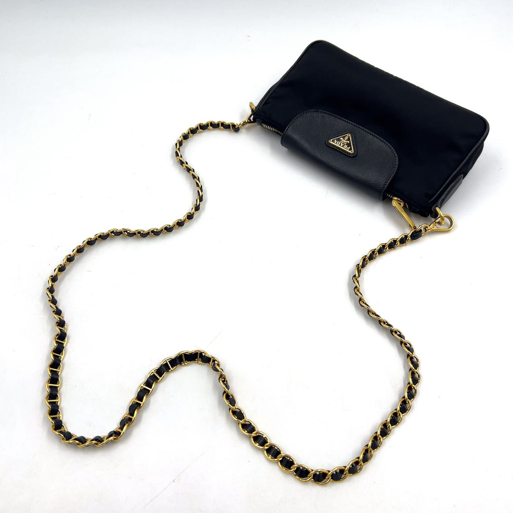 Prada Tessuto Saffiano Nylon Leather Black Chain Shoulder Bag Gold — view 6