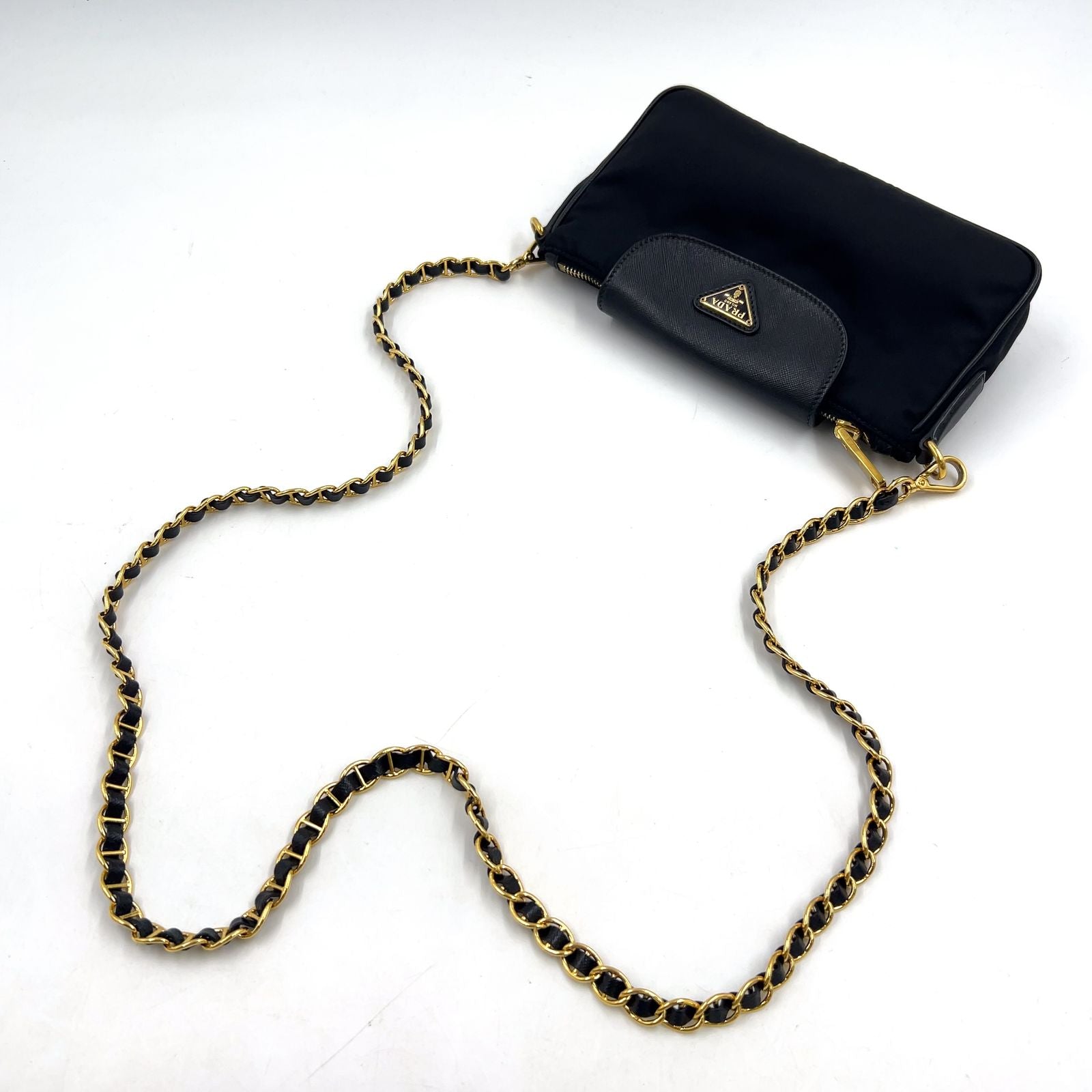 Prada Tessuto Saffiano Nylon Leather Black Chain Shoulder Bag Gold — view 6