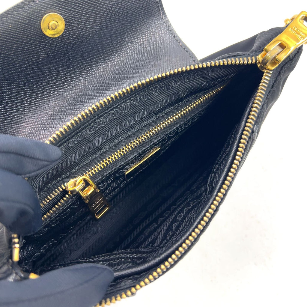 Prada Tessuto Saffiano Nylon Leather Black Chain Shoulder Bag Gold — view 3