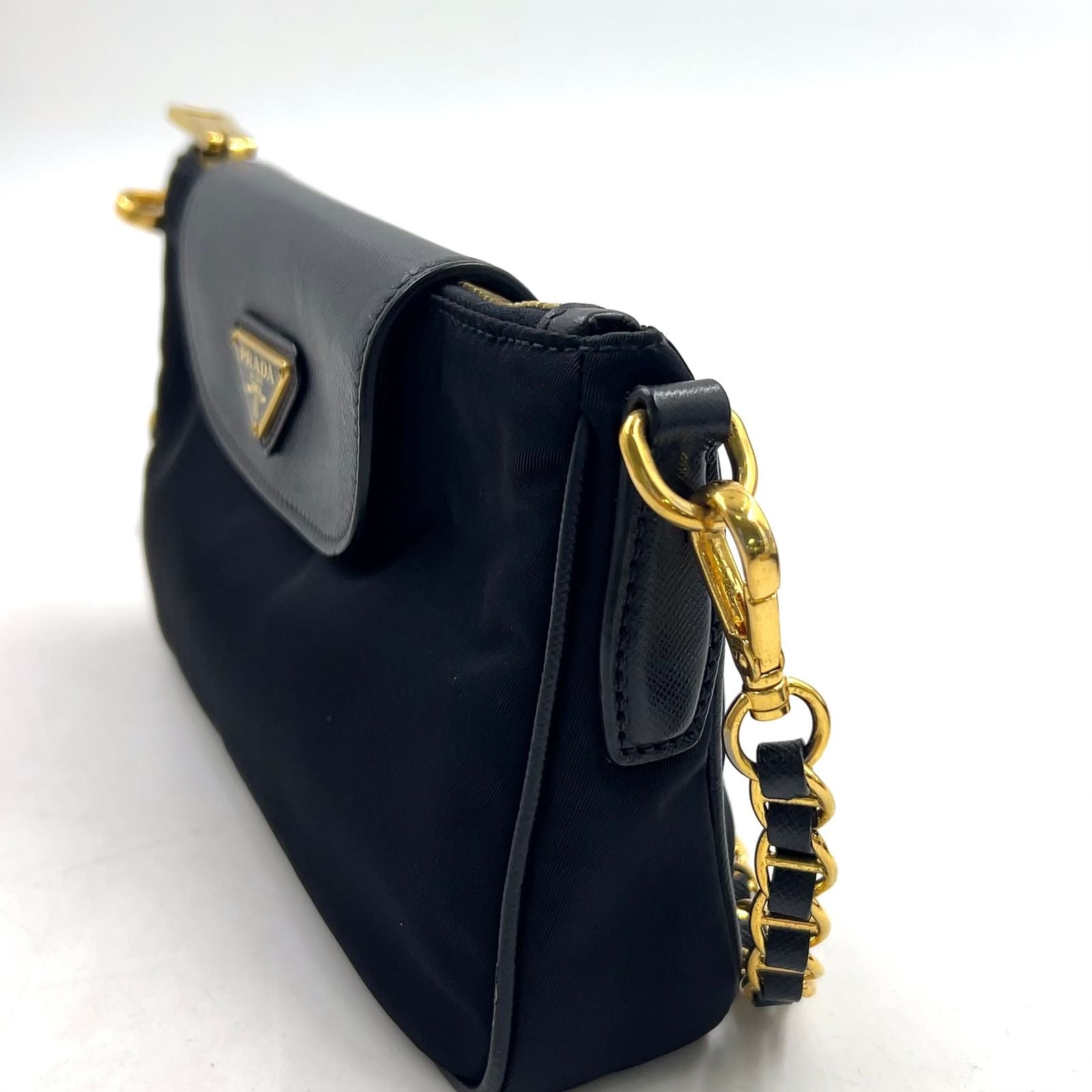 Prada Tessuto Saffiano Nylon Leather Black Chain Shoulder Bag Gold — view 5