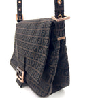 Fendi Zucchino Mamma Bucket Leather Canvas Brown Black Shoulder Bag Gold — view 8