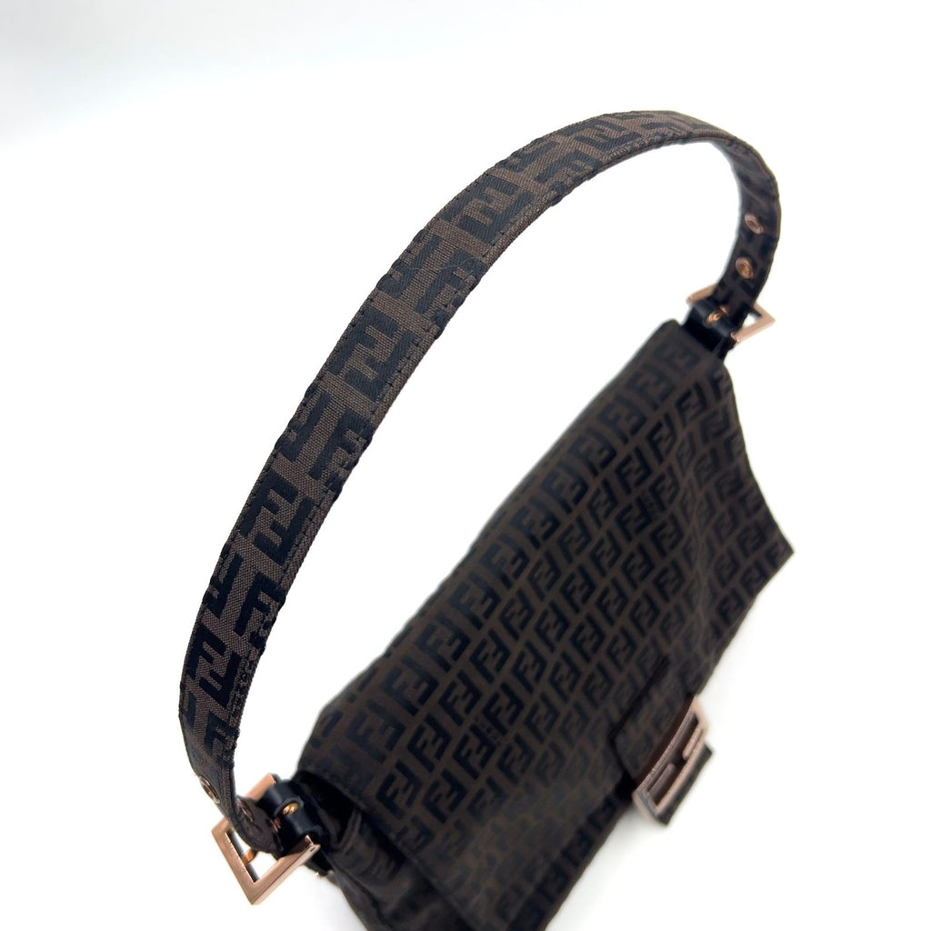 Fendi Zucchino Mamma Bucket Leather Canvas Brown Black Shoulder Bag Gold — view 6