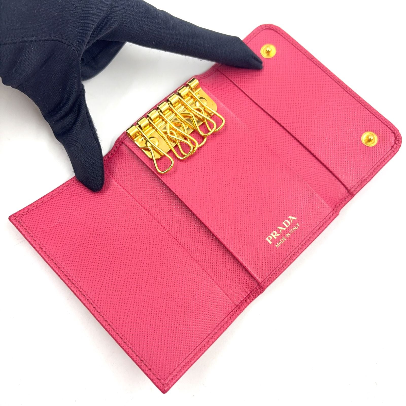 Prada Saffiano Metal 6 Leather Pink Key Case Gold Key Holder — view 3