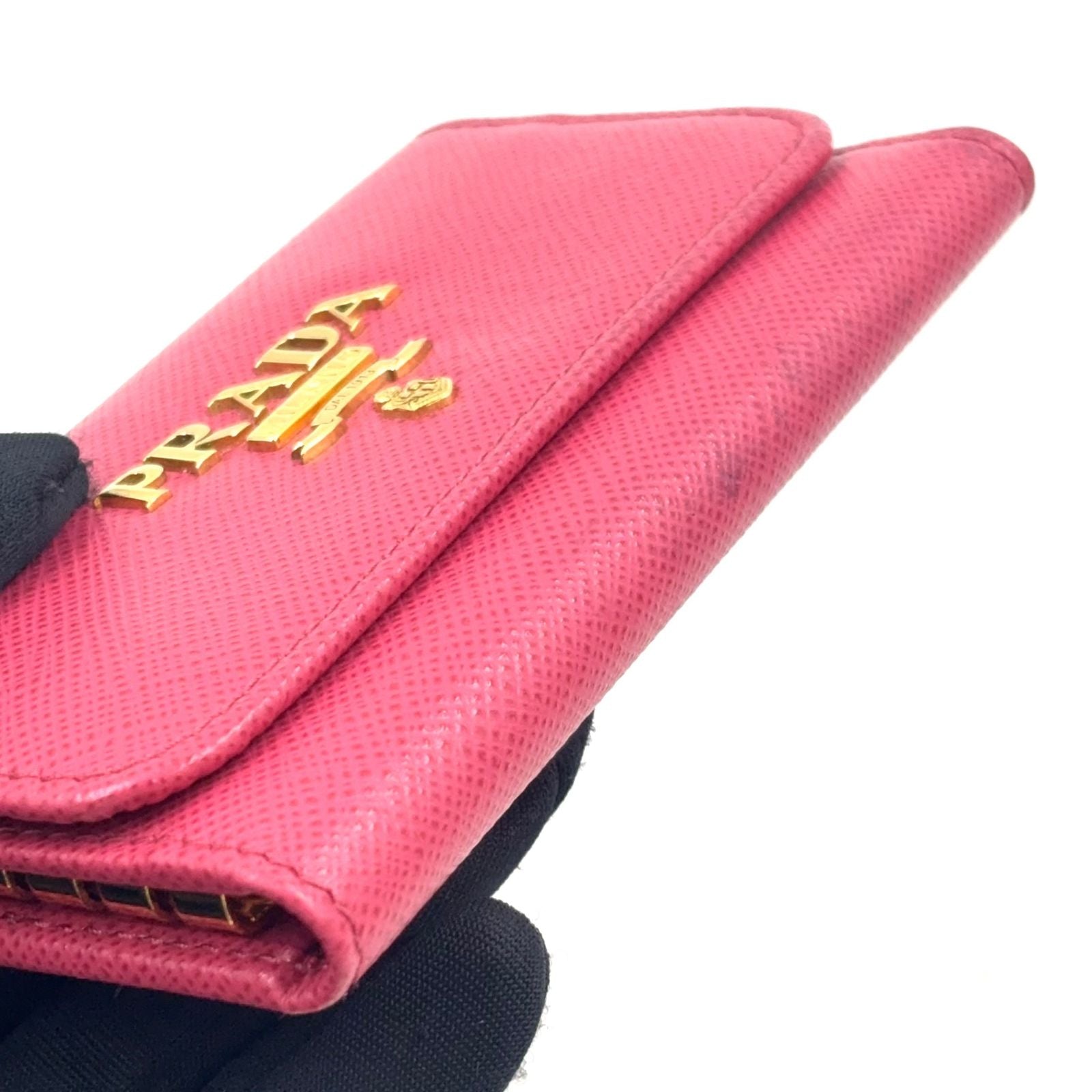Prada Saffiano Metal 6 Leather Pink Key Case Gold Key Holder — view 5