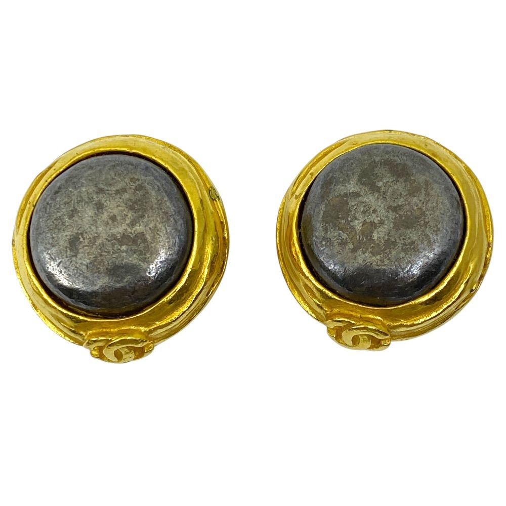 Chanel Vintage CC Logo Earrings Button Gold Plated Brown Fine Presence