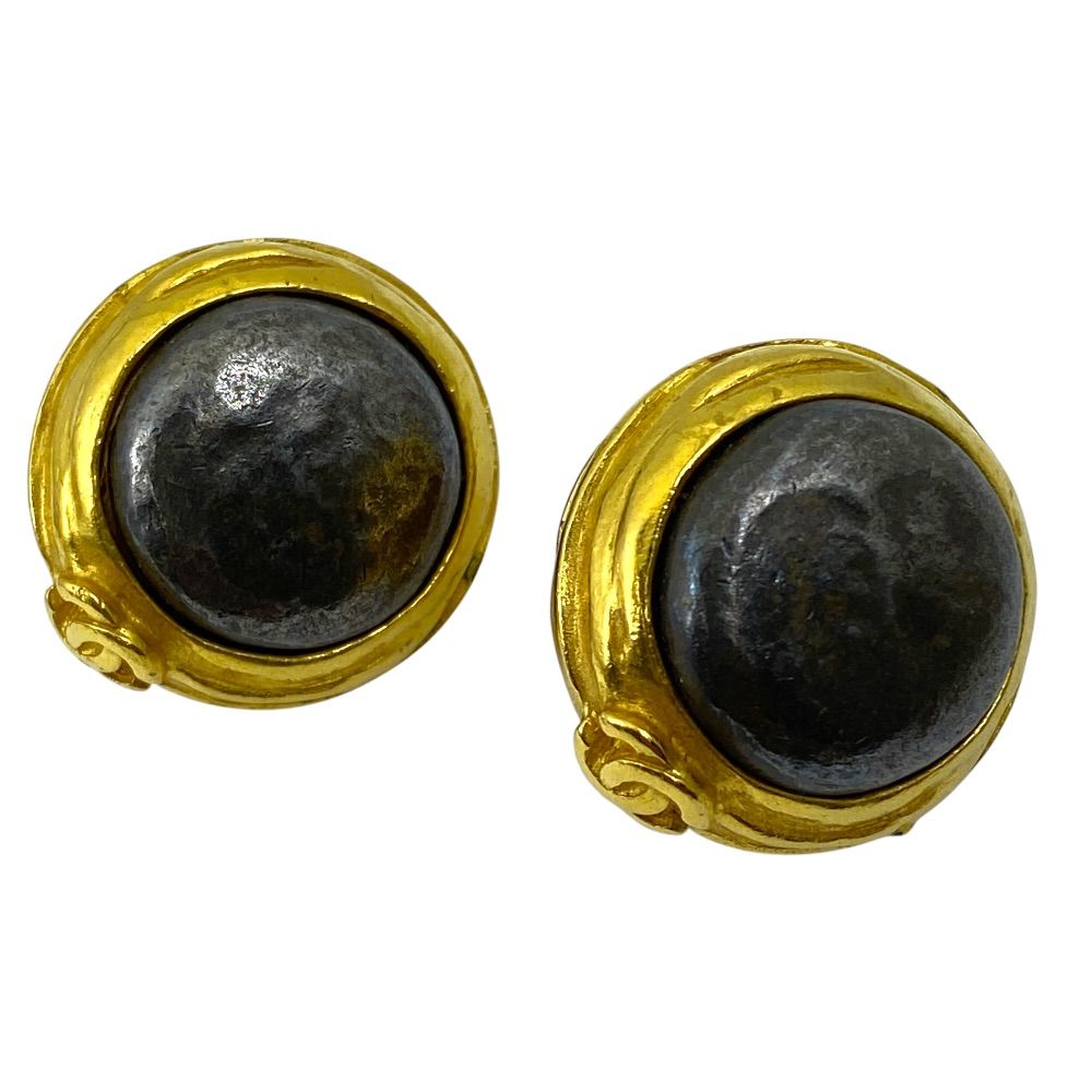 Chanel Vintage CC Logo Earrings Button Gold Plated Brown Fine Presence — view 3