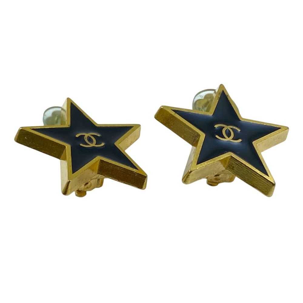 Chanel Vintage CC Logo Star Earrings Clip on Black Gold Quality Presence — view 3