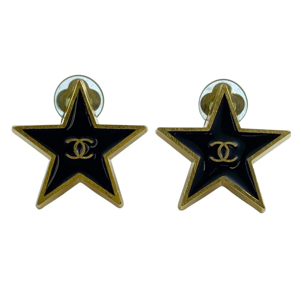 Chanel Vintage CC Logo Star Earrings Clip on Black Gold Quality Presence
