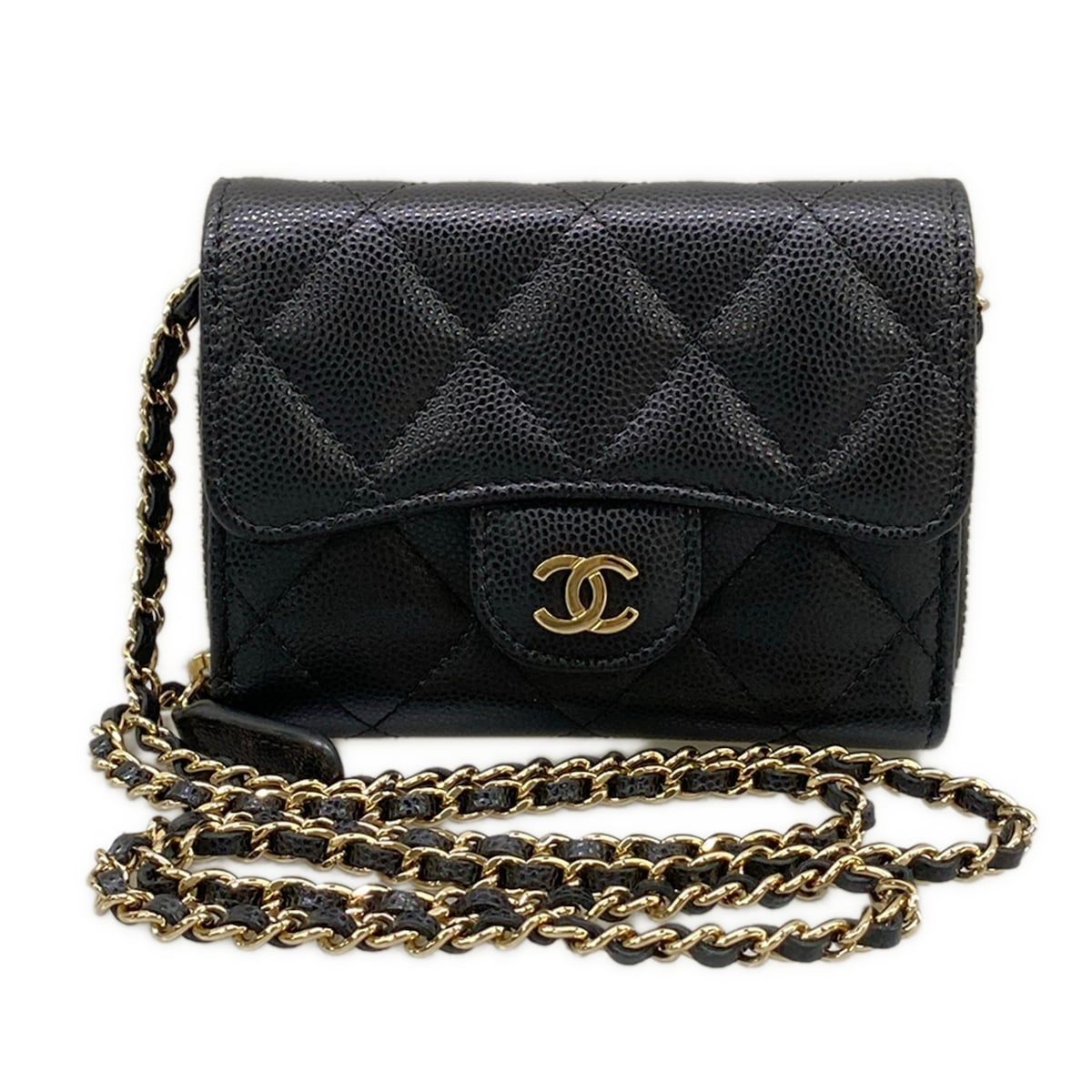 Chanel Wallet Classic Mini Chain Quilted Black Gold Shoulder