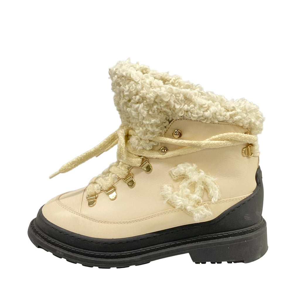 Chanel Short Boots 36 Light Beige Black Leather