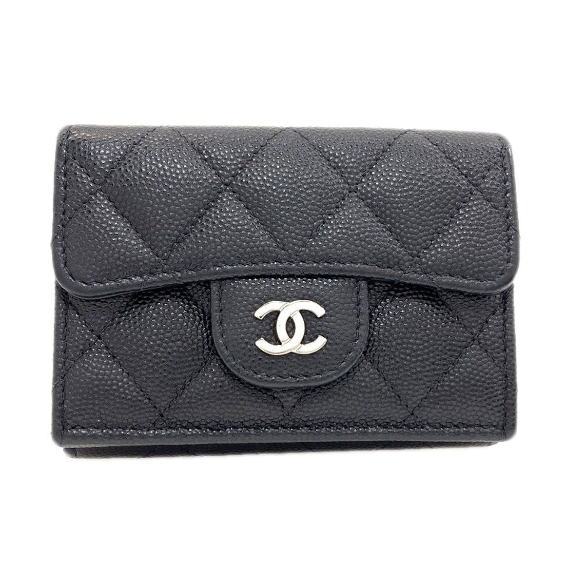 Chanel Quilted Silver Trifold Wallet Grained Calfskin