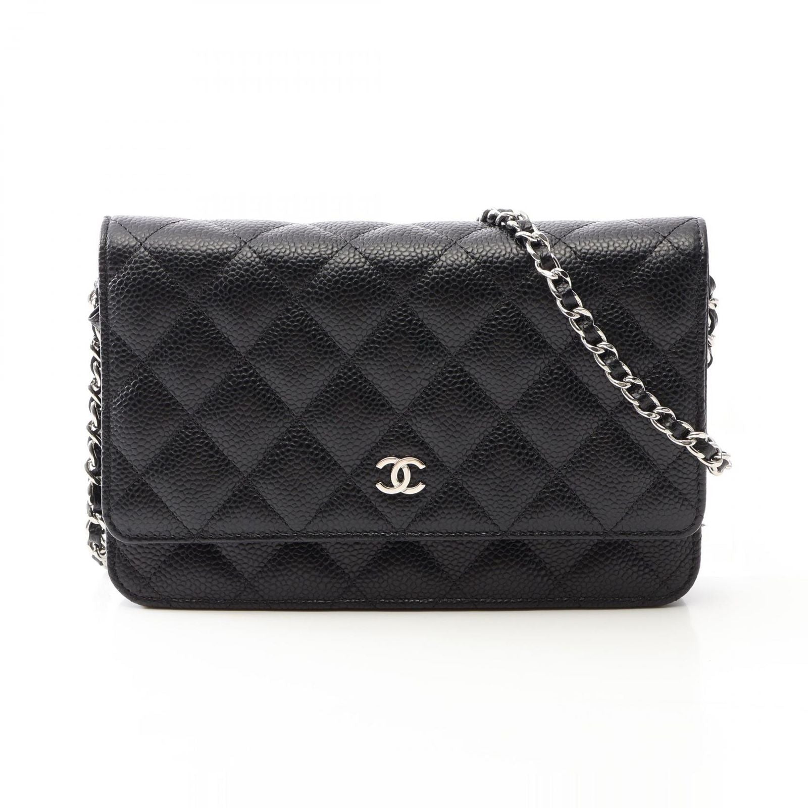 Chanel Shoulder Bag Quilted Black Caviar Leather Chain Wallet