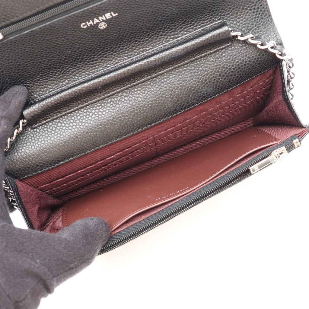 Chanel Shoulder Bag Quilted Black Caviar Leather Chain Wallet — view 3