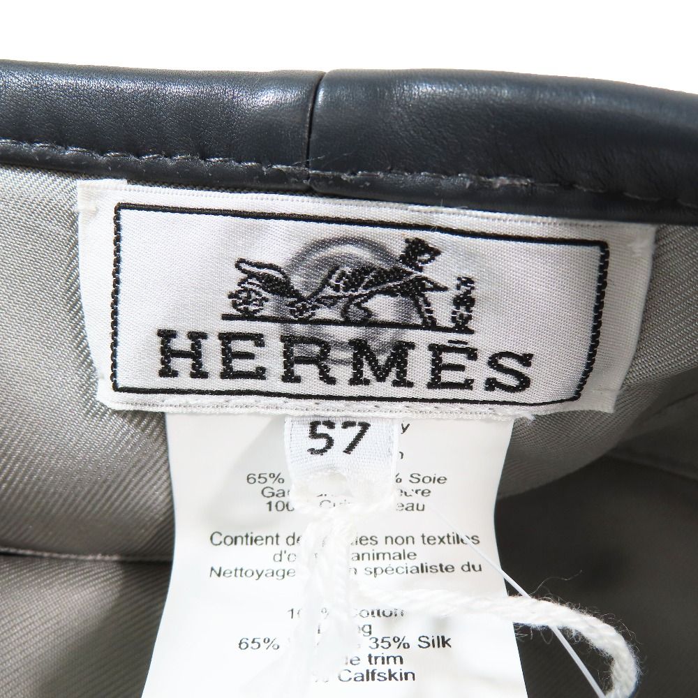 Hermes Beret Saint Honore Series Button Logo Leather Piping Denim Calf Hat Gray — view 6