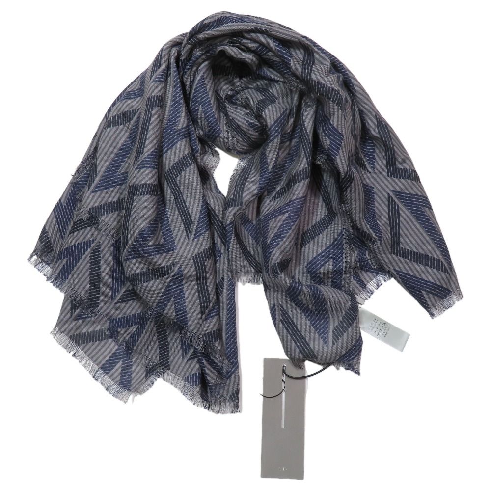 Dior CD Diamond Logo Large Shawl Scarf Fringe Silk Wool Gray