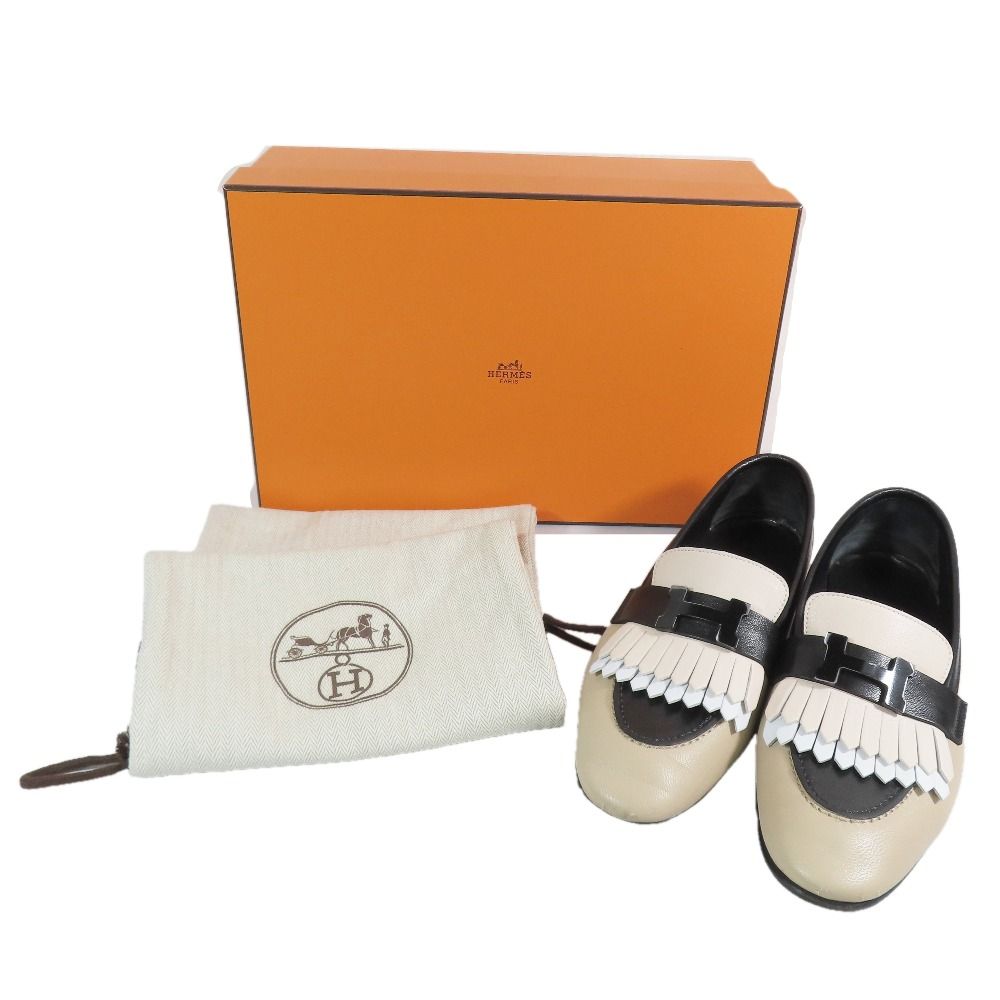 Hermes Royale Moccasins Loafers Tassel Logo Fringe Leather Shoes 35.5 Beige — view 8