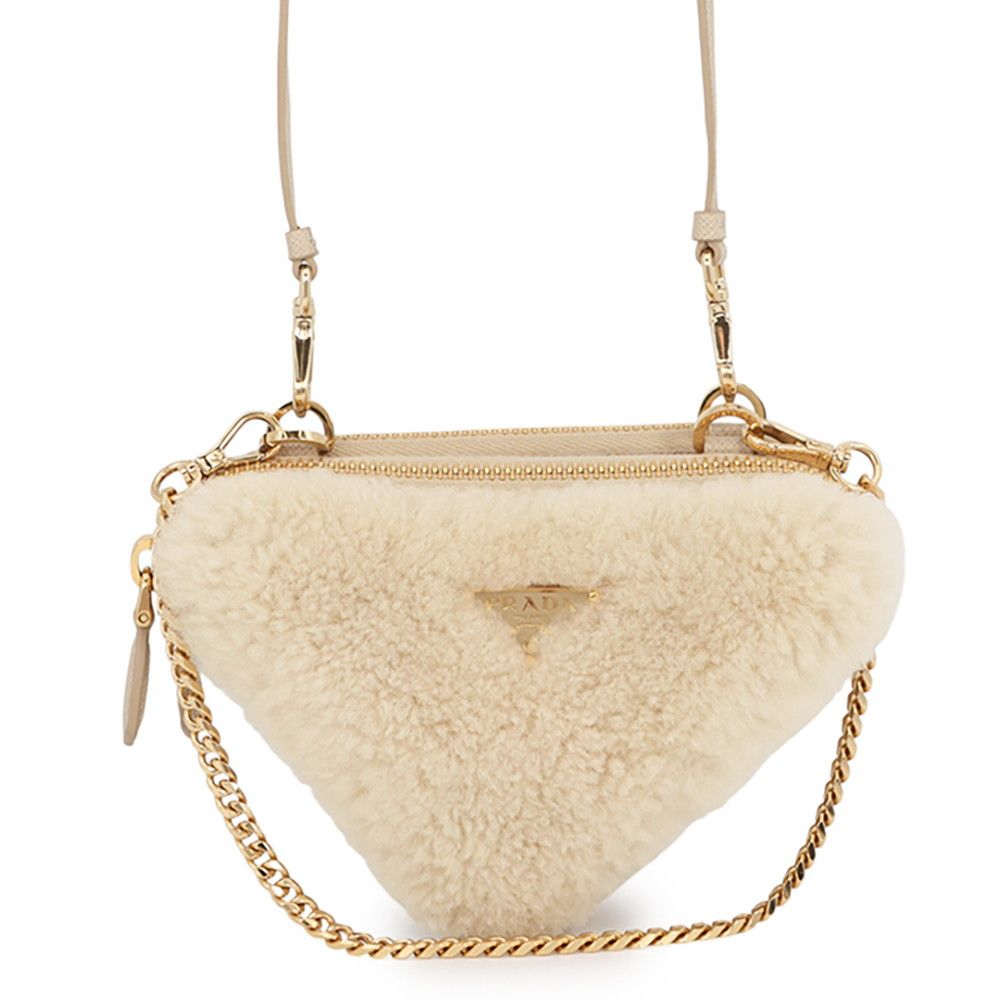 Prada Shoulder Bag Saffiano Triangle Mini Pouch Fur Leather 2-Way