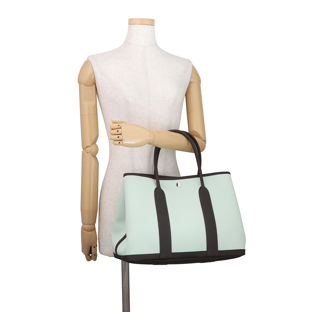 Hermes Tote Garden Party PM Vert Peppermint Brown Silver Toile Officier Negonda — view 4