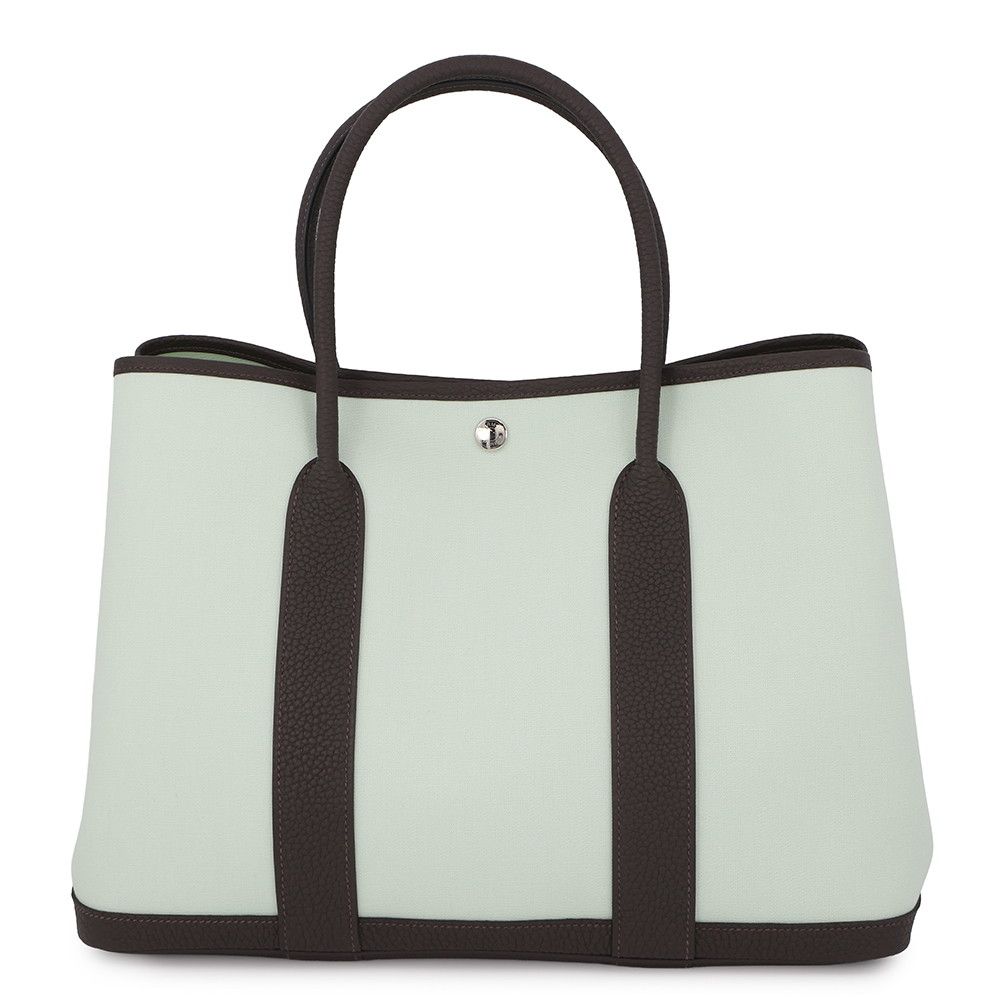 Hermes Tote Garden Party PM Vert Peppermint Brown Silver Toile Officier Negonda