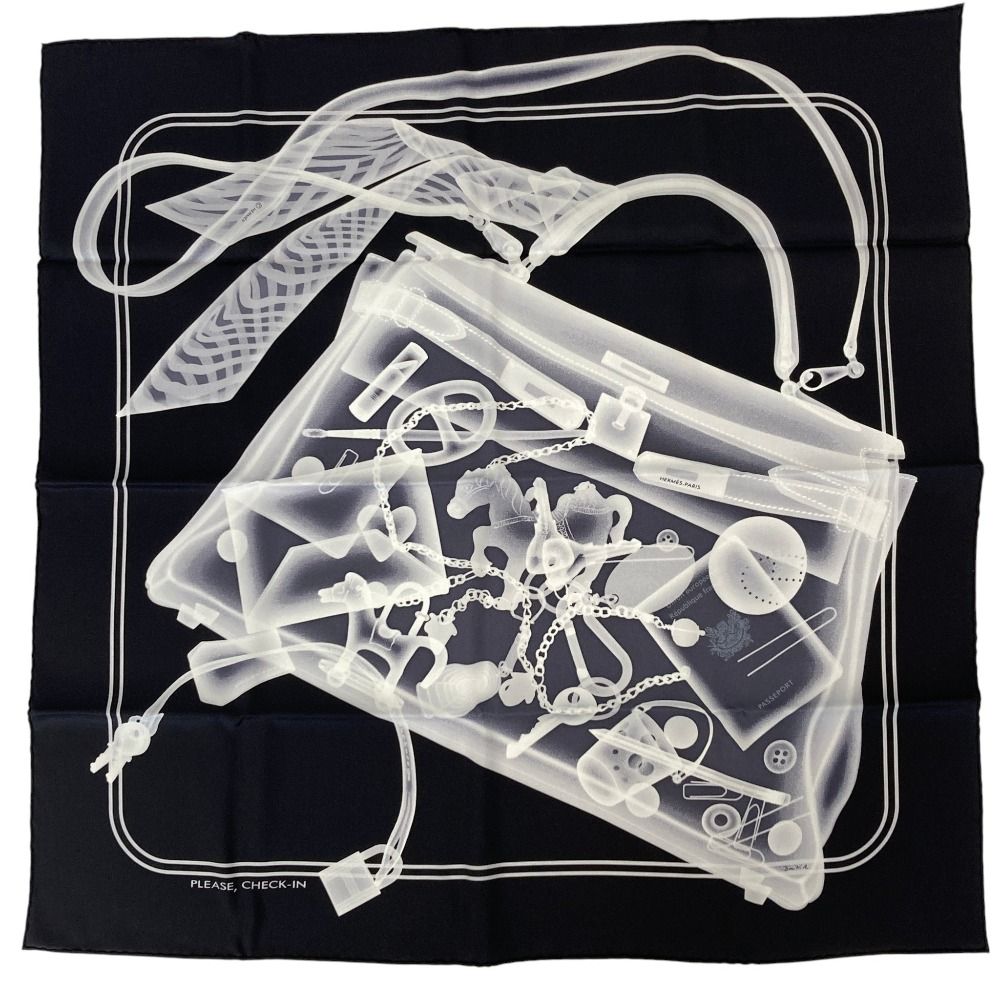 Hermes Carre 70 Please Check in Silk Scarf Black