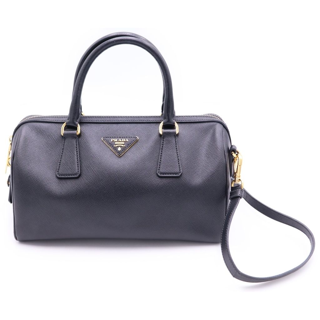 Prada Saffiano 2-Way Shoulder Bag Black Leather Gold