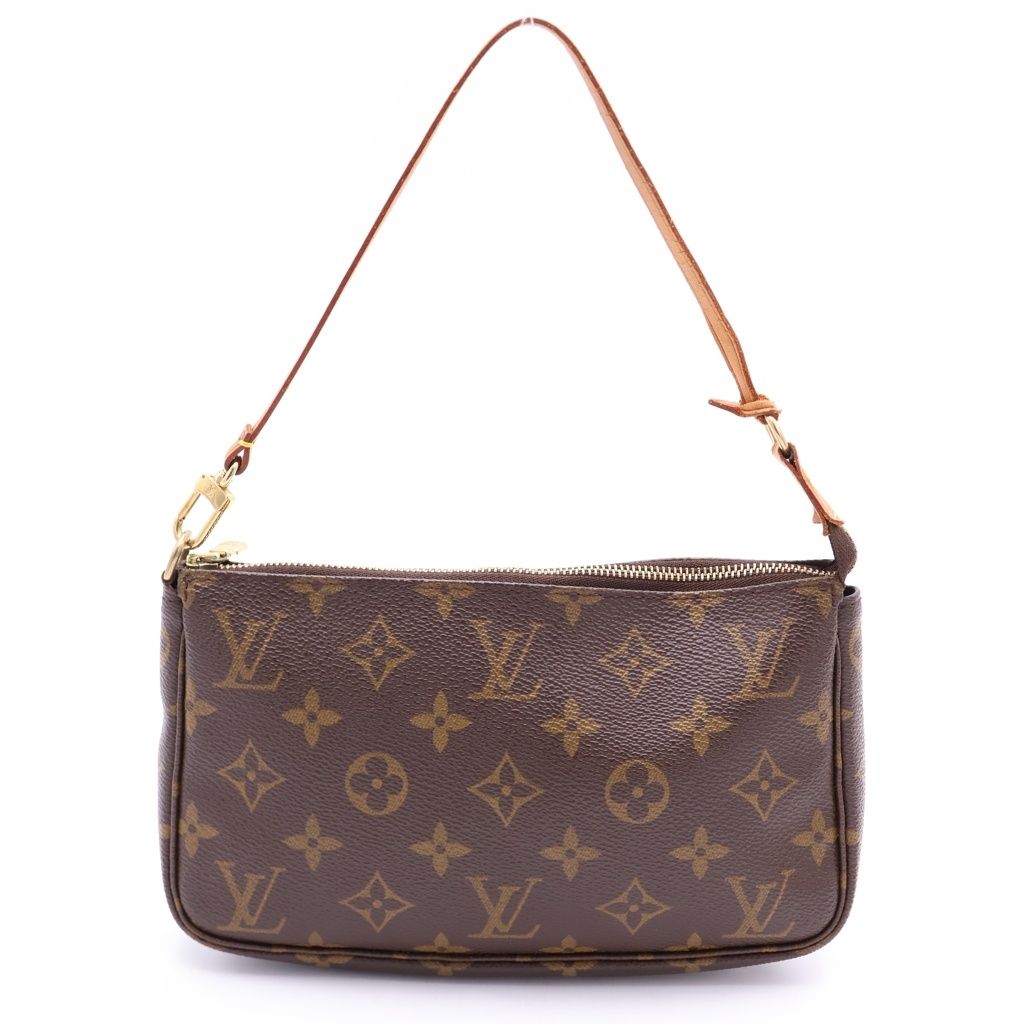 Louis Vuitton Monogram Pochette Handbag Case Brown Leather Gold