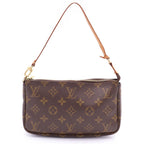 Louis Vuitton Monogram Pochette Handbag Case Brown Leather Gold