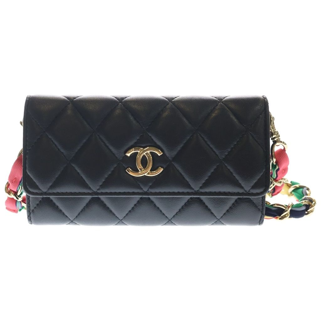 Chanel Quilted Chain Wallet Mini Shoulder Bag Black Lambskin Gold