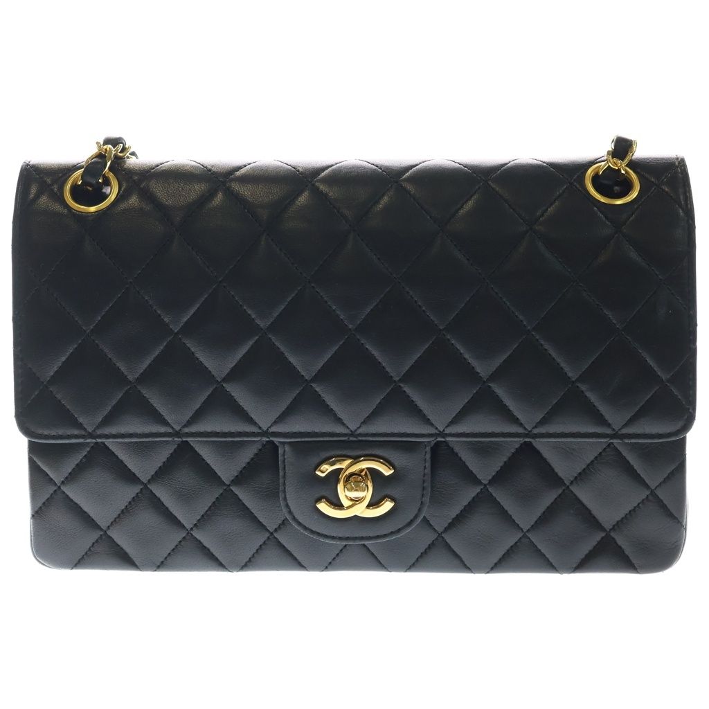 Chanel Quilted 25 Double Flap Chain Shoulder Bag Black Lambskin Gold