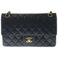 Chanel Quilted 25 Double Flap Chain Shoulder Bag Black Lambskin Gold
