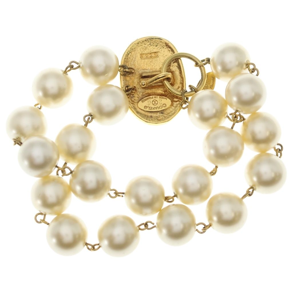 Chanel CC Logo Crown Faux Pearl Bracelet White Gold — view 2