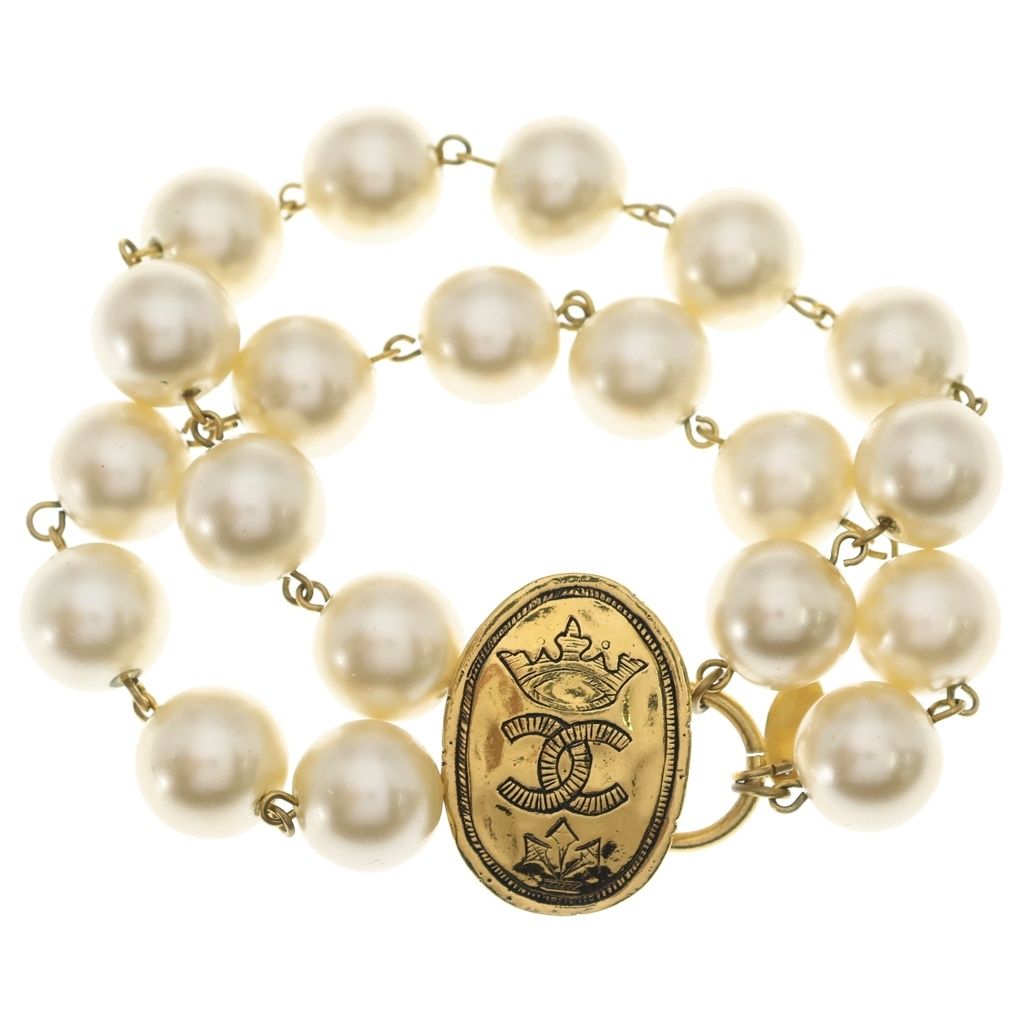 Chanel CC Logo Crown Faux Pearl Bracelet White Gold