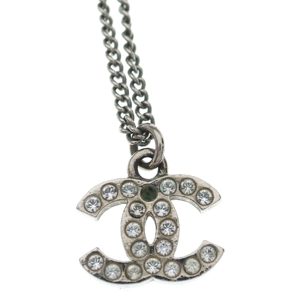Chanel CC Logo Rhinestone Pendant Chain Silver — view 3