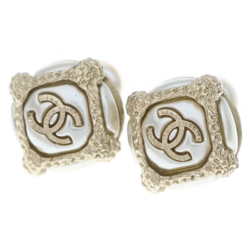 Chanel CC Logo Faux Pearl Earrings White Gold 19c